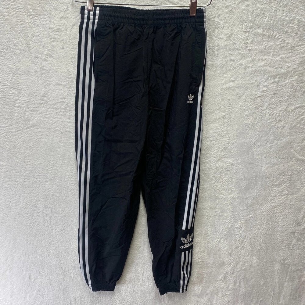 Adidas Jogger Pants Women's Small Black 3 Striped Nylon High Rise Elastic Waist
